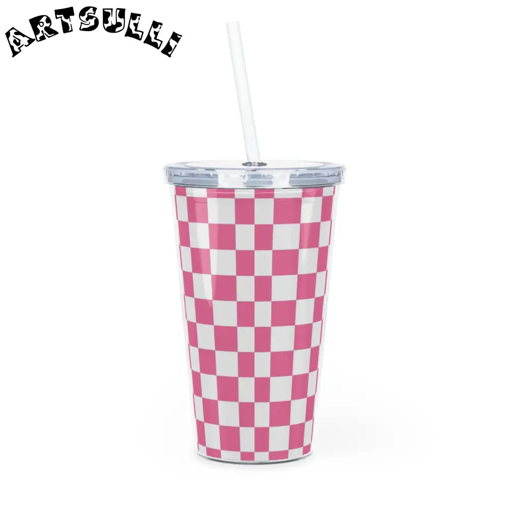 JAKKOUTTHEBXX Pink Checkerboard Illustration Printed Plastic Tumbler 2025