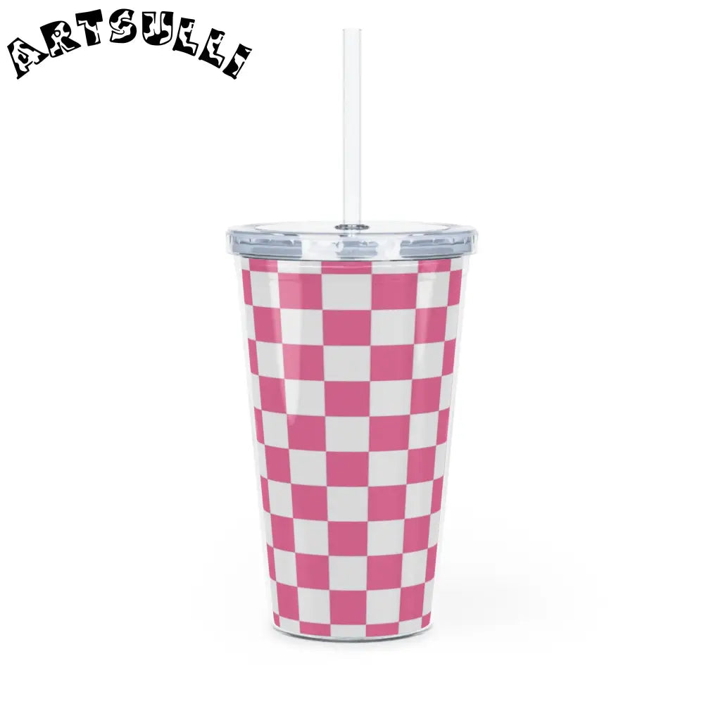 JAKKOUTTHEBXX Pink Checkerboard Illustration Printed Plastic Tumbler 2025