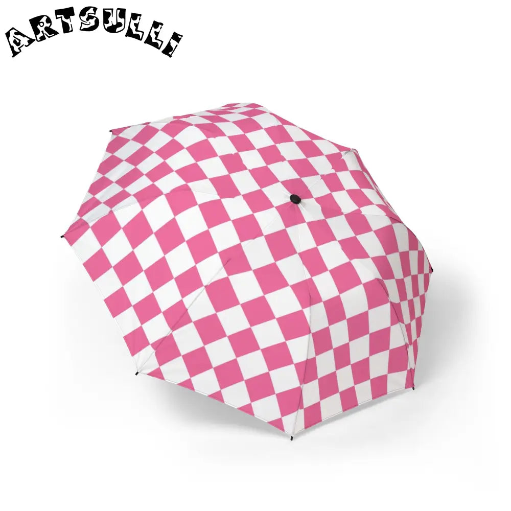 Yuyushiki Pink Check Semi-Automatic Foldable Umbrella, Artsulli - Art is Long, Life is Short, Accessories, Size, One size, , , , , 18389819219204392305