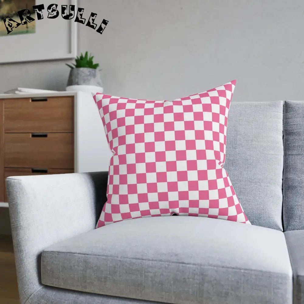 JAKKOUTTHEBXX Pink Checkered Faux Suede Square Pillow 2025