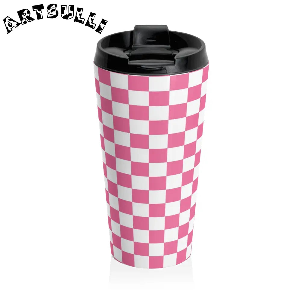 JAKKOUTTHEBXX Pink and White Checkered Stainless Steel Travel Mug 2025