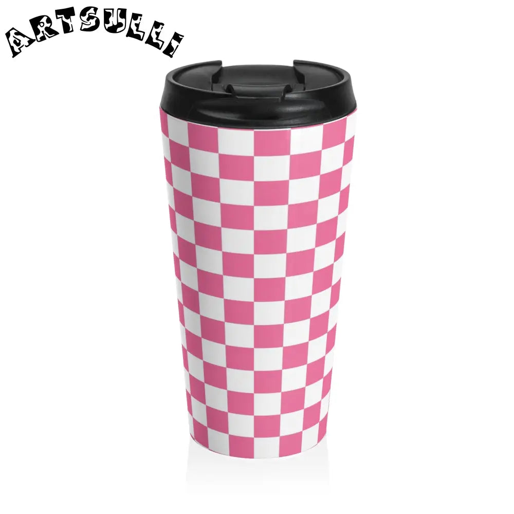 JAKKOUTTHEBXX Pink and White Checkered Stainless Steel Travel Mug 2025