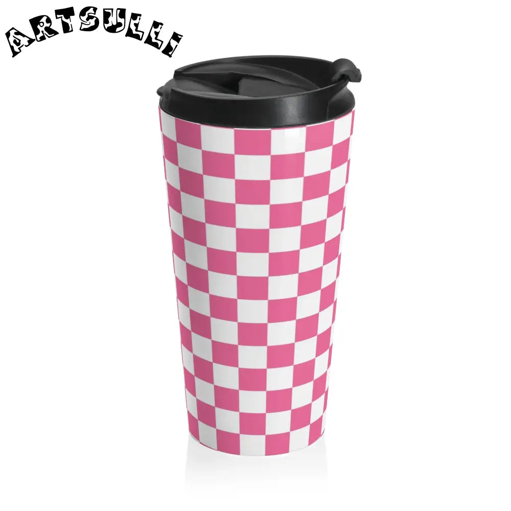 JAKKOUTTHEBXX Pink and White Checkered Stainless Steel Travel Mug 2025