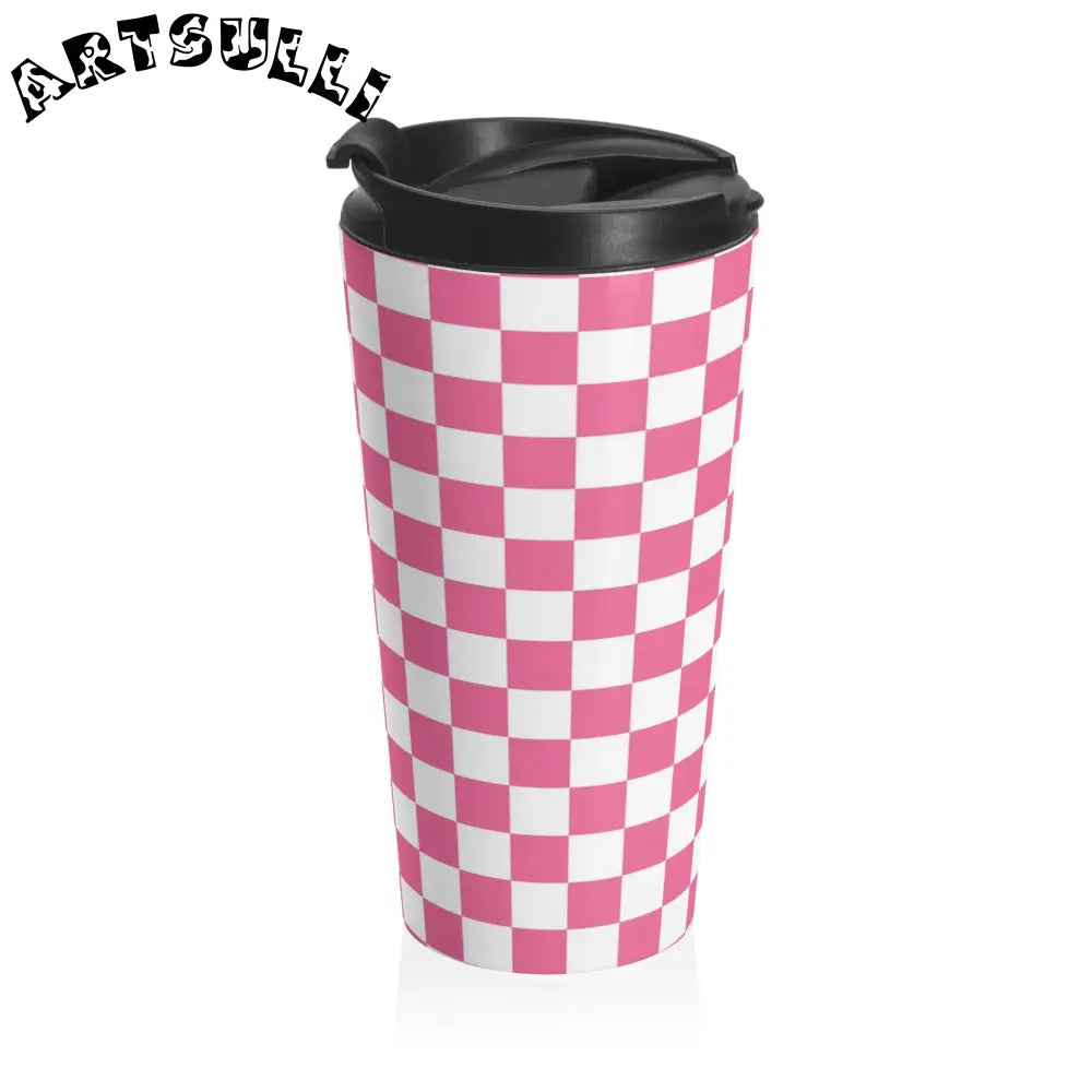 JAKKOUTTHEBXX Pink and White Checkered Stainless Steel Travel Mug 2025