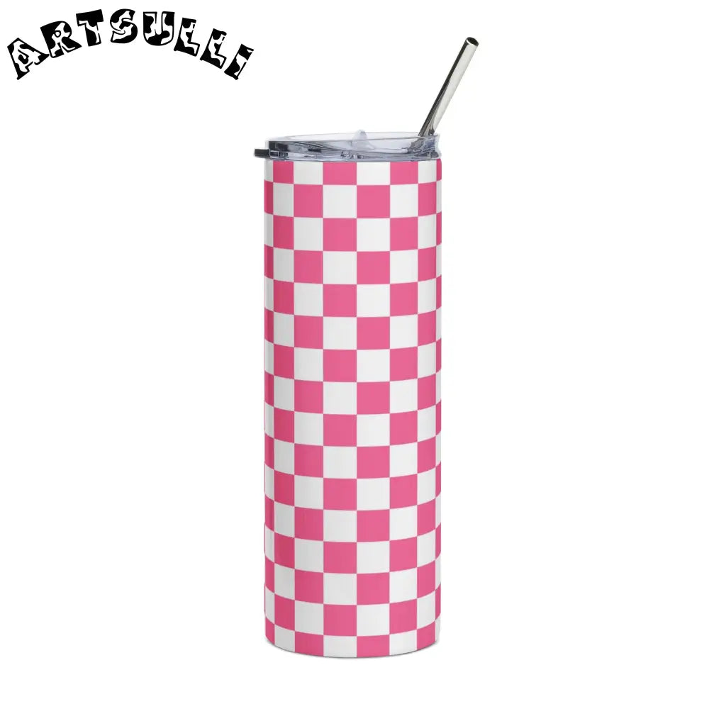 Yuyushiki Pink Check Stainless Steel Tumbler, 20oz, Artsulli - Art is Long, Life is Short, Mug, Size, 20oz, Color, Black, , , 28089277119727128009