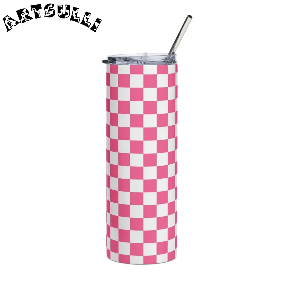 Yuyushiki Pink Check Stainless Steel Tumbler, 20oz, Artsulli - Art is Long, Life is Short, Mug, Size, 20oz, Color, White, , , 56621925977883968423