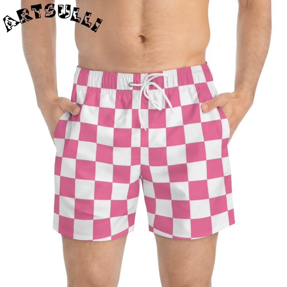 JAKKOUTTHEBXX Pink and White Checkered Swim Trunks 2025