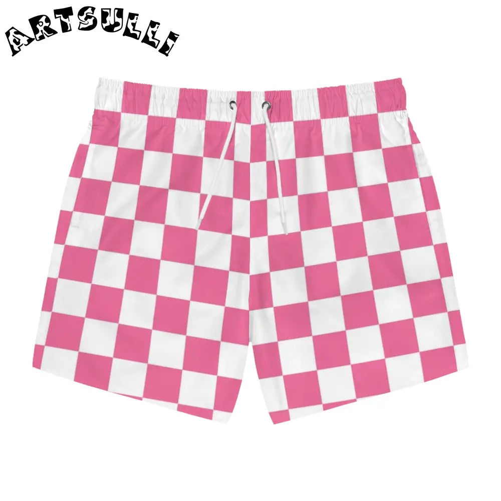 Yuyushiki Pink Check Swim Trunks (AOP), Artsulli - Art is Long, Life is Short, All Over Prints, Size, XS, Color, Seam thread color automatically matched to design, , , 29301739074302019585