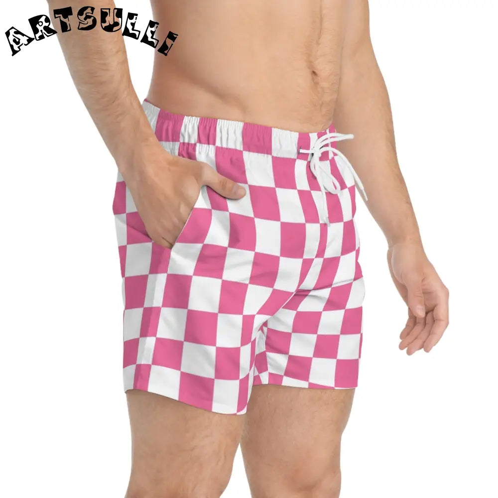 JAKKOUTTHEBXX Pink and White Checkered Swim Trunks 2025