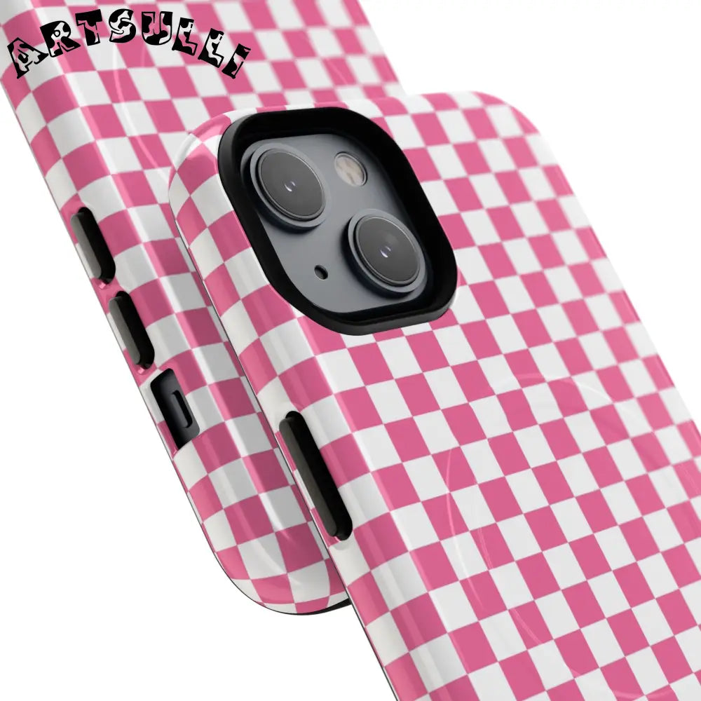 JAKKOUTTHEBXX Pink Checkered MagSafe Dual Layer iPhone Case 2025
