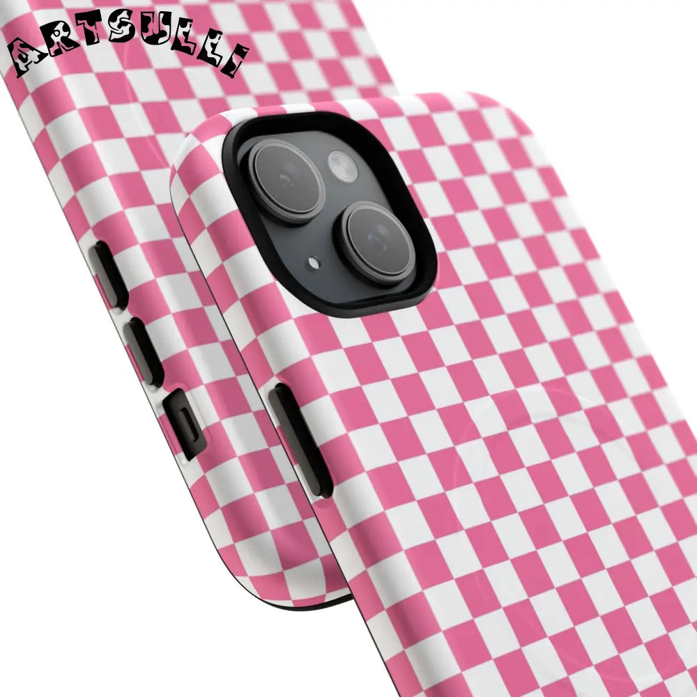 JAKKOUTTHEBXX Pink Checkered MagSafe Dual Layer iPhone Case 2025