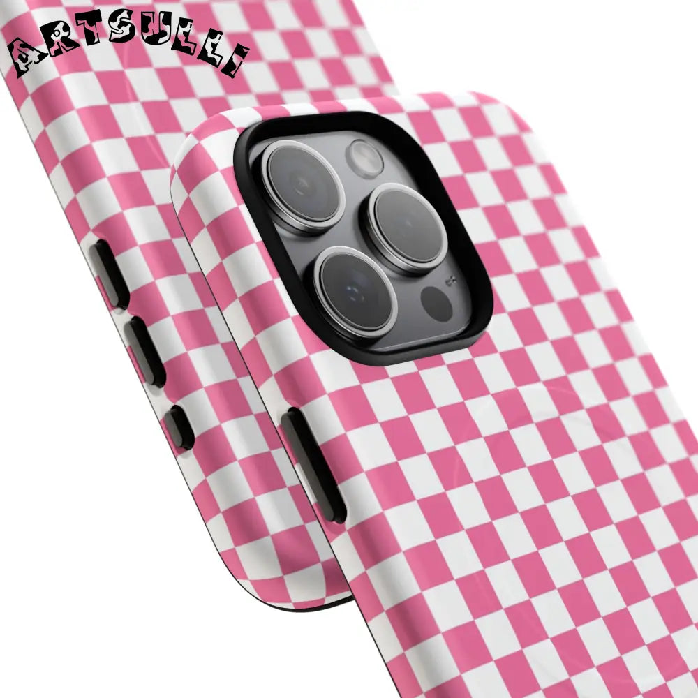 JAKKOUTTHEBXX Pink Checkered MagSafe Dual Layer iPhone Case 2025