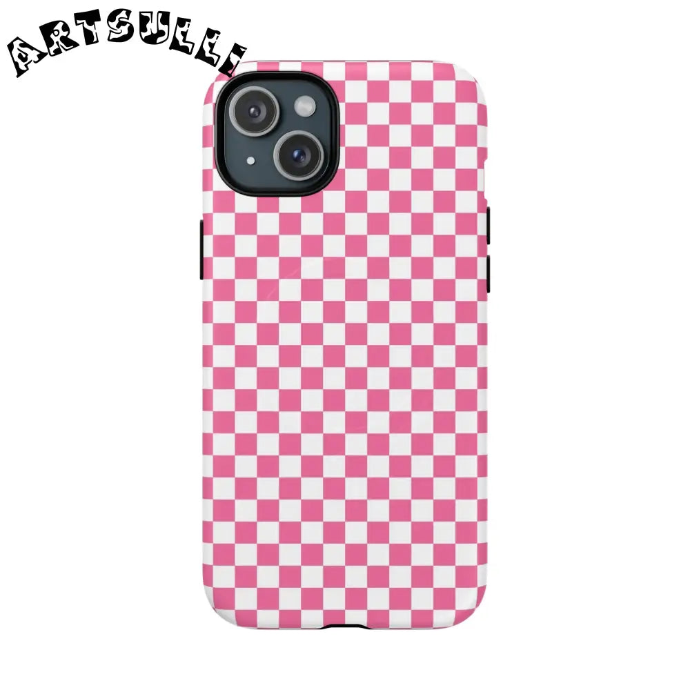 JAKKOUTTHEBXX Pink Checkered MagSafe Dual Layer iPhone Case 2025