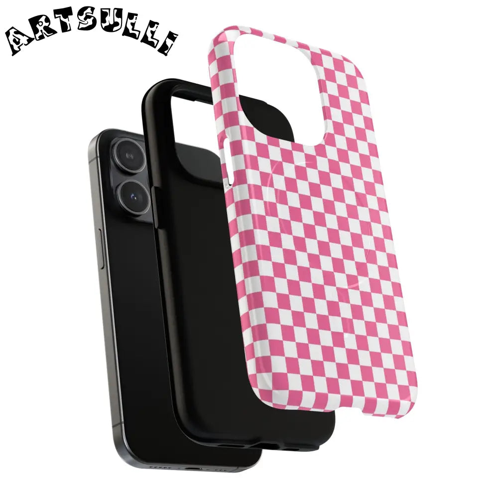 JAKKOUTTHEBXX Pink Checkered MagSafe Dual Layer iPhone Case 2025