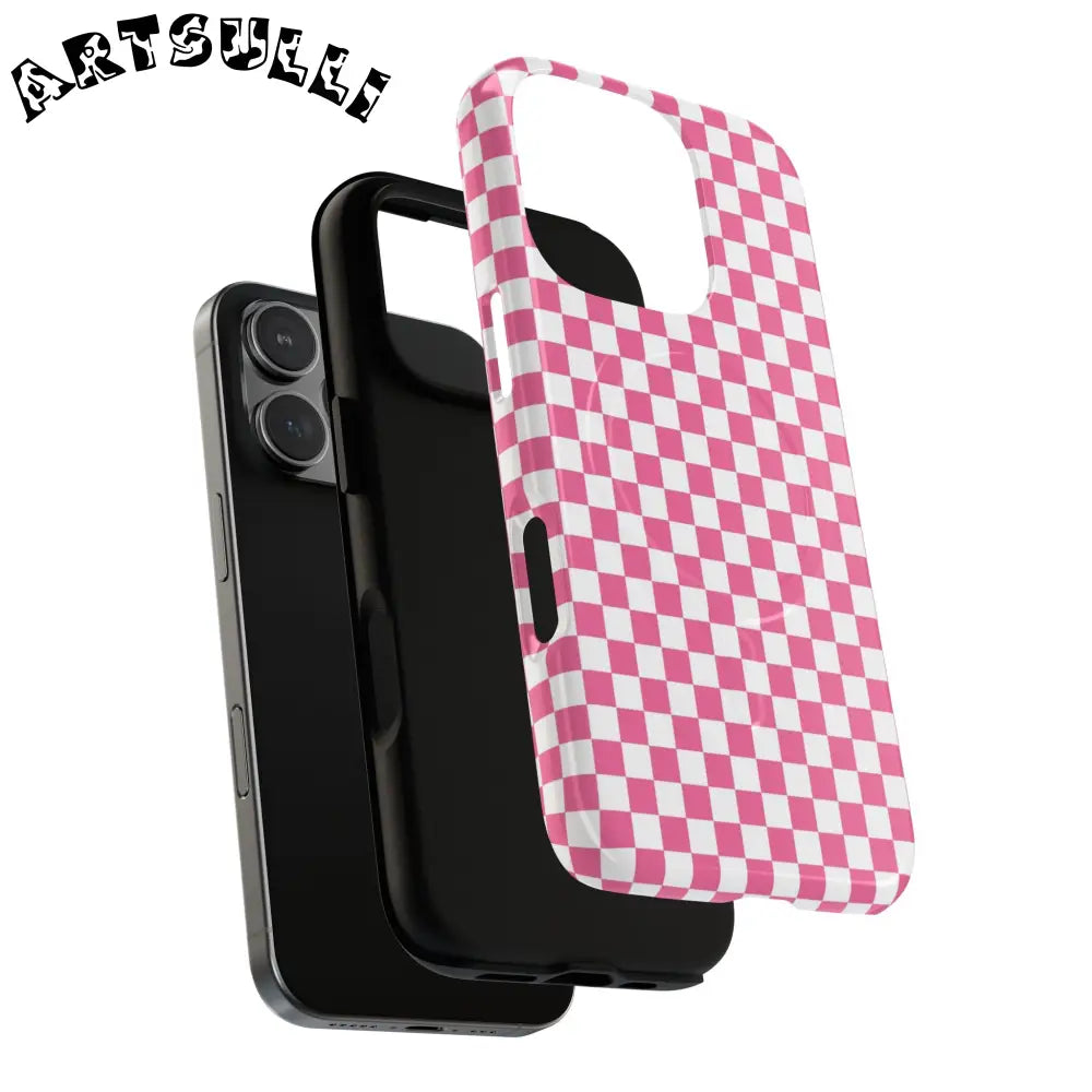 JAKKOUTTHEBXX Pink Checkered MagSafe Dual Layer iPhone Case 2025