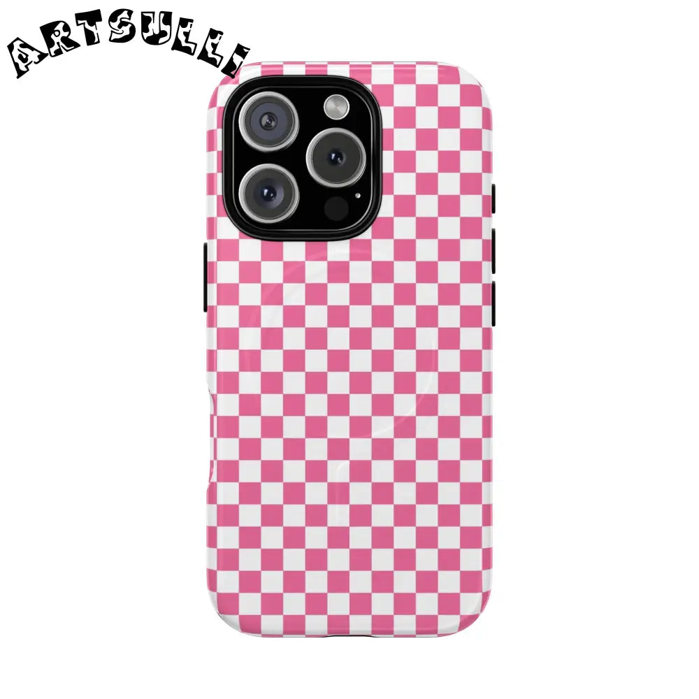 JAKKOUTTHEBXX Pink Checkered MagSafe Dual Layer iPhone Case 2025