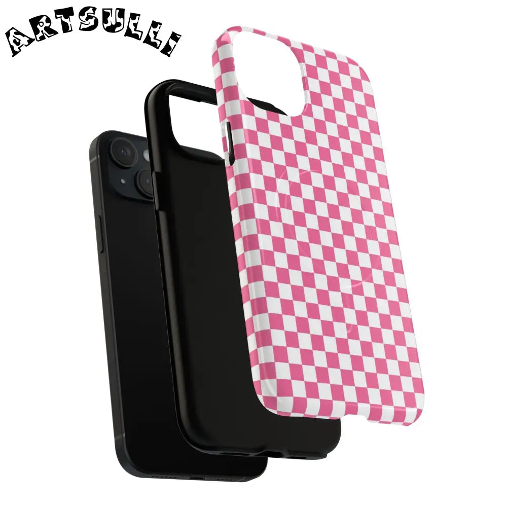 JAKKOUTTHEBXX Pink Checkered MagSafe Dual Layer iPhone Case 2025