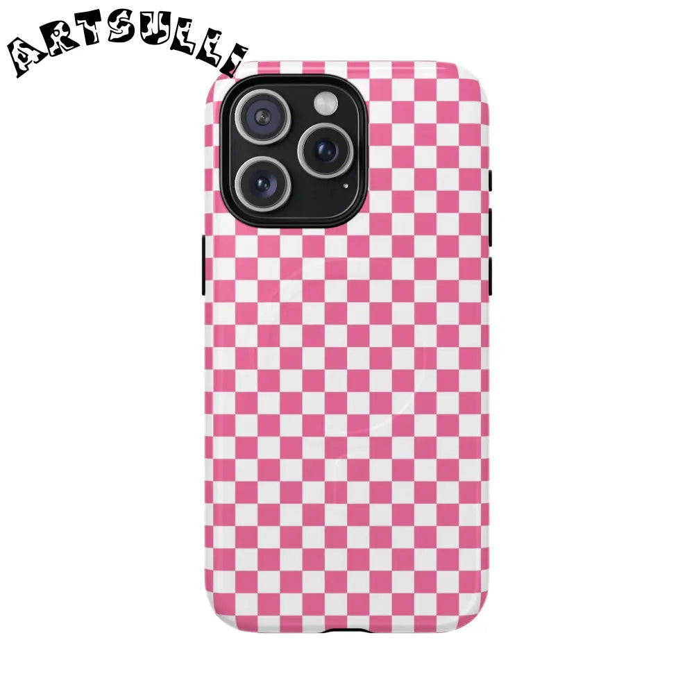 JAKKOUTTHEBXX Pink Checkered MagSafe Dual Layer iPhone Case 2025