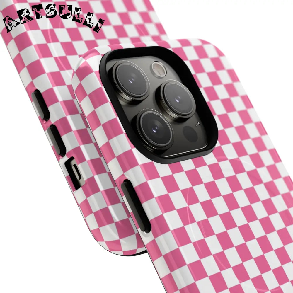 JAKKOUTTHEBXX Pink Checkered MagSafe Dual Layer iPhone Case 2025