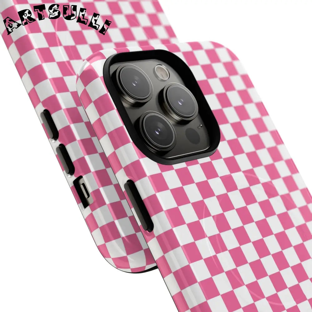 JAKKOUTTHEBXX Pink Checkered MagSafe Dual Layer iPhone Case 2025