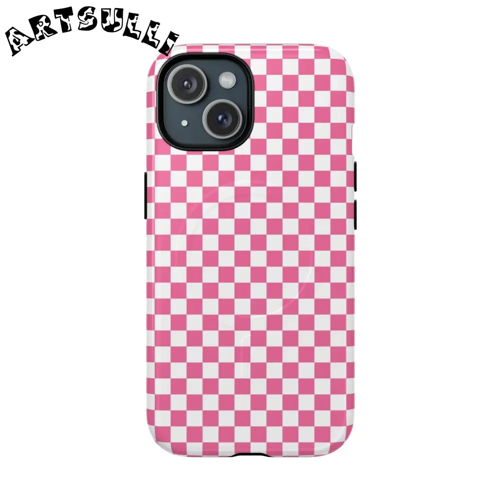 Yuyushiki Pink Check Tough Magnetic Cases, Artsulli - Art is Long, Life is Short, Phone Case, Size, iPhone 15, Surface, Glossy, , , 51244784644122591067