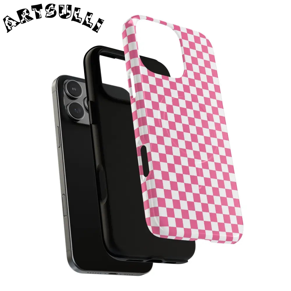 JAKKOUTTHEBXX Pink Checkered MagSafe Dual Layer iPhone Case 2025