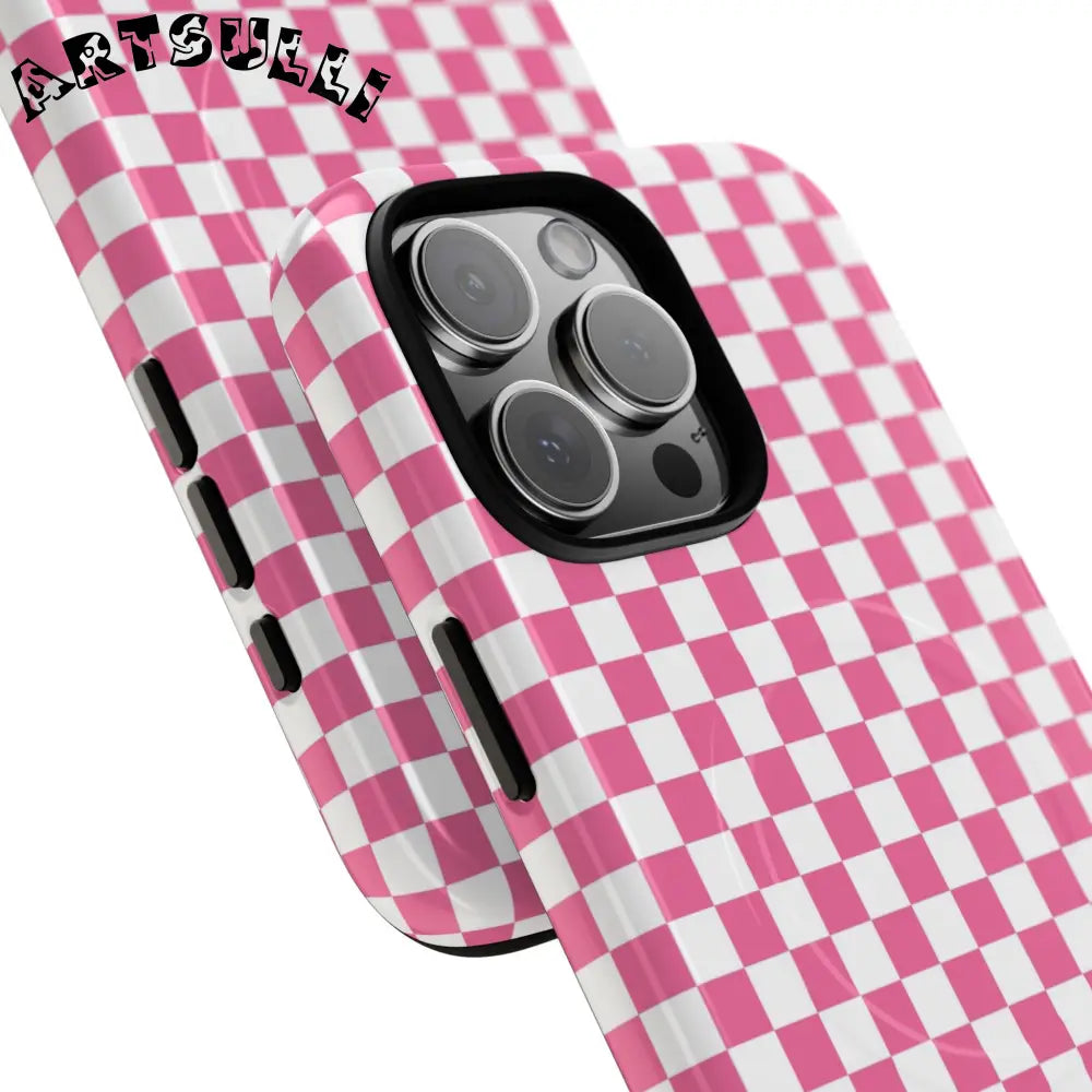 JAKKOUTTHEBXX Pink Checkered MagSafe Dual Layer iPhone Case 2025