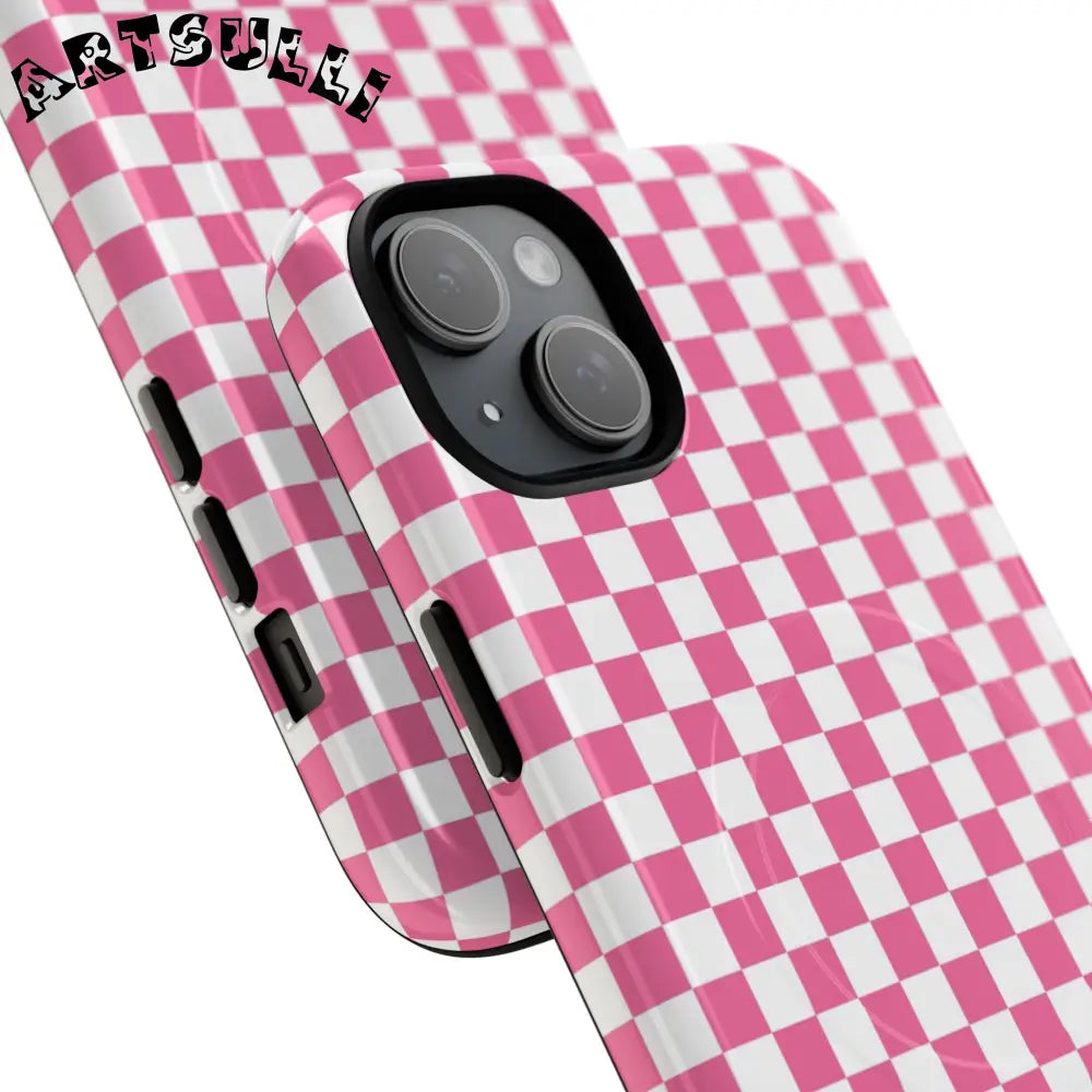 JAKKOUTTHEBXX Pink Checkered MagSafe Dual Layer iPhone Case 2025