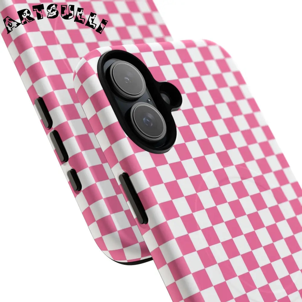 JAKKOUTTHEBXX Pink Checkered MagSafe Dual Layer iPhone Case 2025
