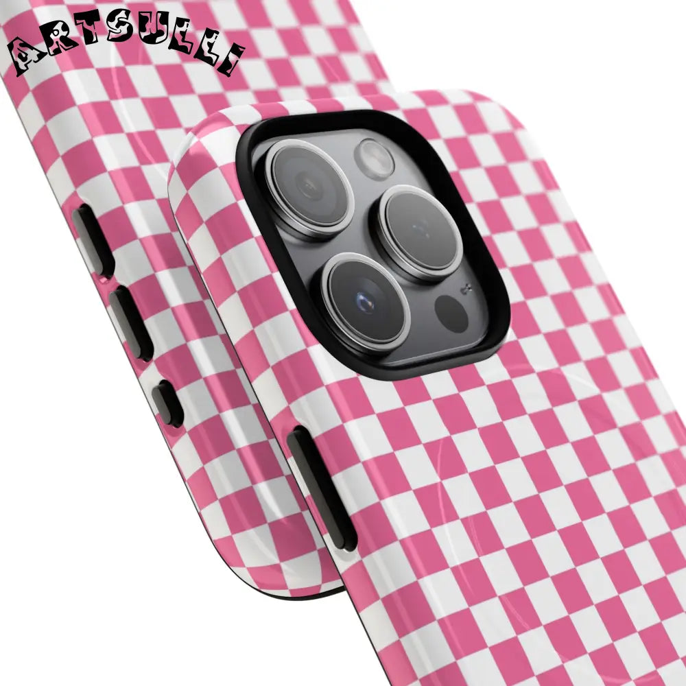 JAKKOUTTHEBXX Pink Checkered MagSafe Dual Layer iPhone Case 2025