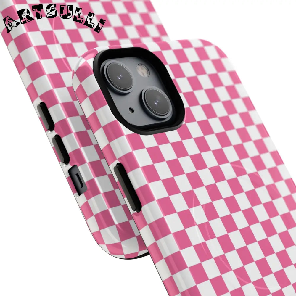JAKKOUTTHEBXX Pink Checkered MagSafe Dual Layer iPhone Case 2025