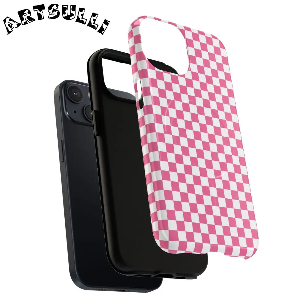 JAKKOUTTHEBXX Pink Checkered MagSafe Dual Layer iPhone Case 2025
