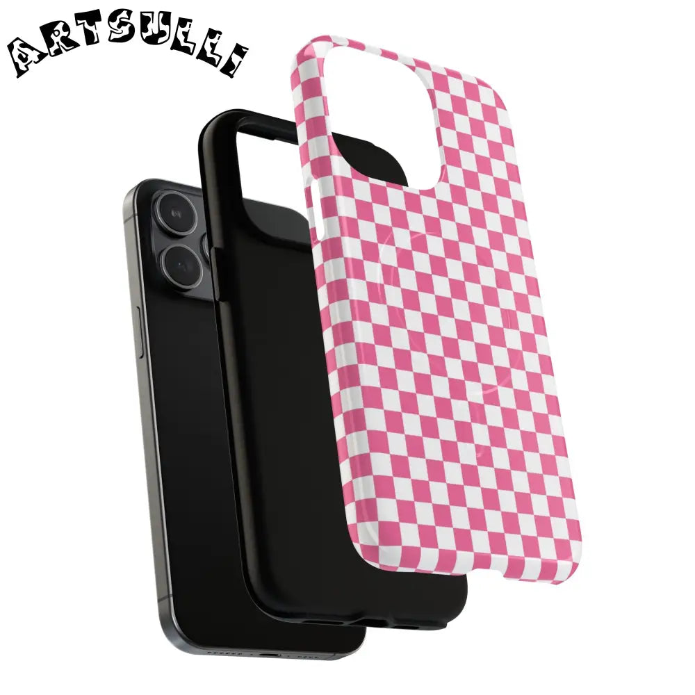 JAKKOUTTHEBXX Pink Checkered MagSafe Dual Layer iPhone Case 2025