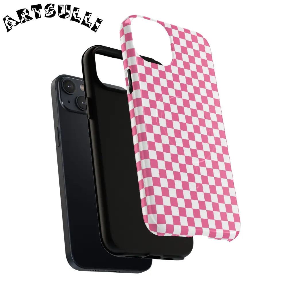 JAKKOUTTHEBXX Pink Checkered MagSafe Dual Layer iPhone Case 2025