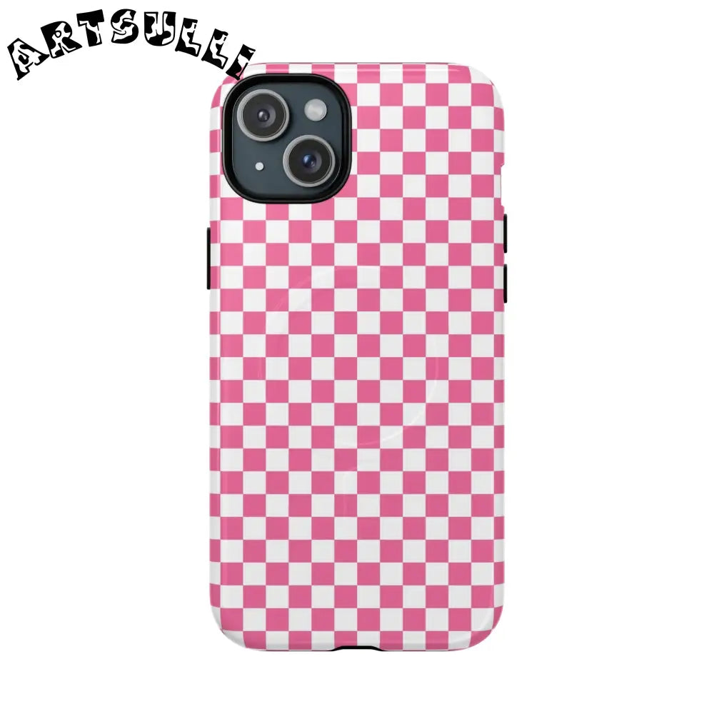 JAKKOUTTHEBXX Pink Checkered MagSafe Dual Layer iPhone Case 2025