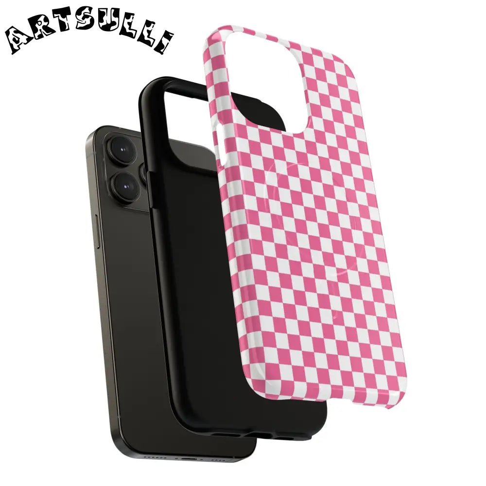 JAKKOUTTHEBXX Pink Checkered MagSafe Dual Layer iPhone Case 2025
