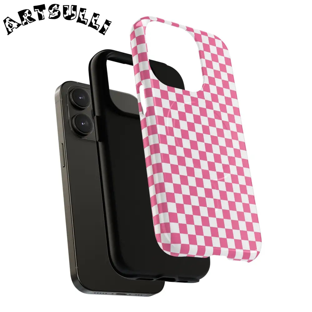 JAKKOUTTHEBXX Pink Checkered MagSafe Dual Layer iPhone Case 2025