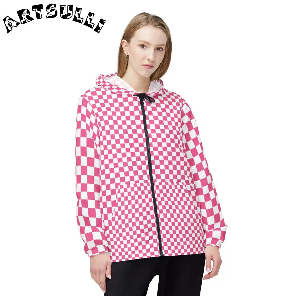 JAKKOUTTHEBXX Pink and White Checkered Windbreaker Jacket 2025