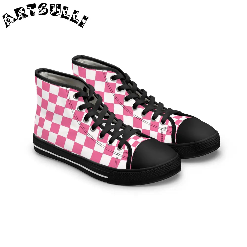 Yuyushiki Pink Check Women's High Top Sneakers, Artsulli - Art is Long, Life is Short, Shoes, Size, US 5.5, Color, Black sole, , , 17211790276986971812