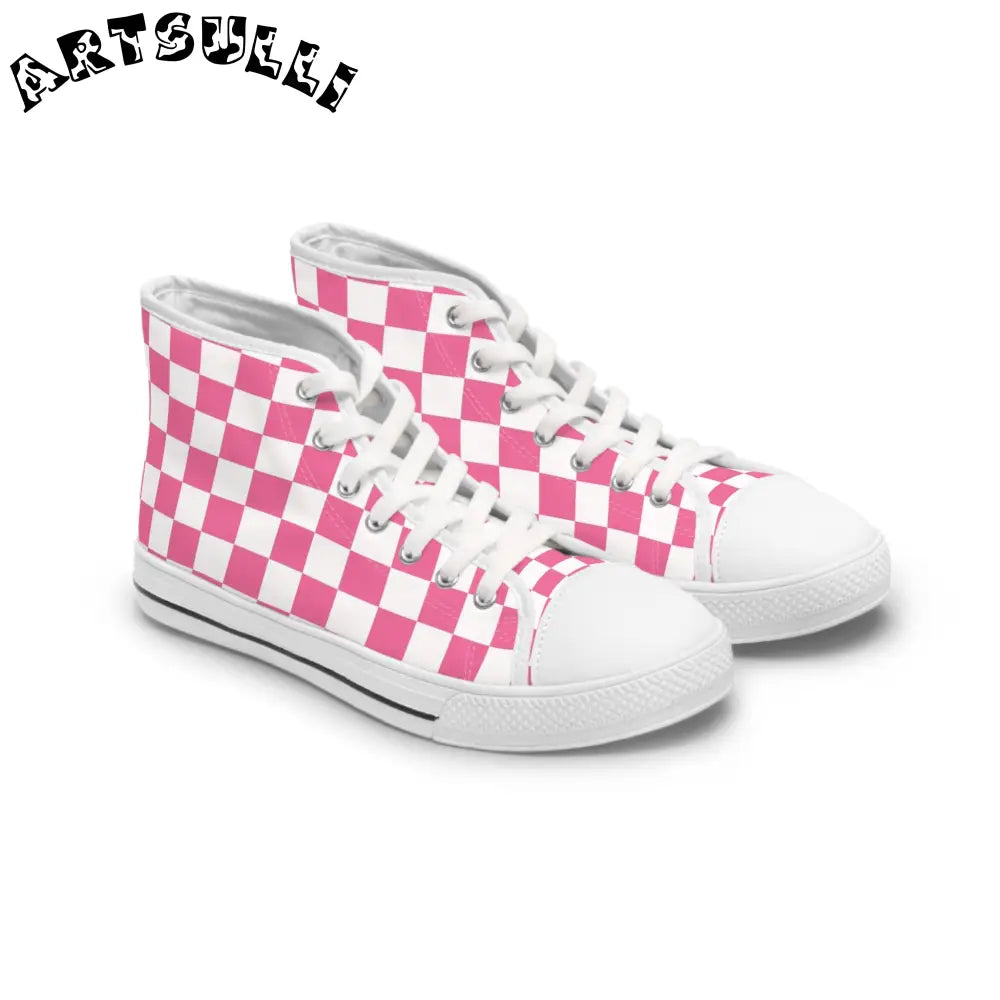 Yuyushiki Pink Check Women's High Top Sneakers, Artsulli - Art is Long, Life is Short, Shoes, Size, US 5.5, Color, White sole, , , 18315080452001190977