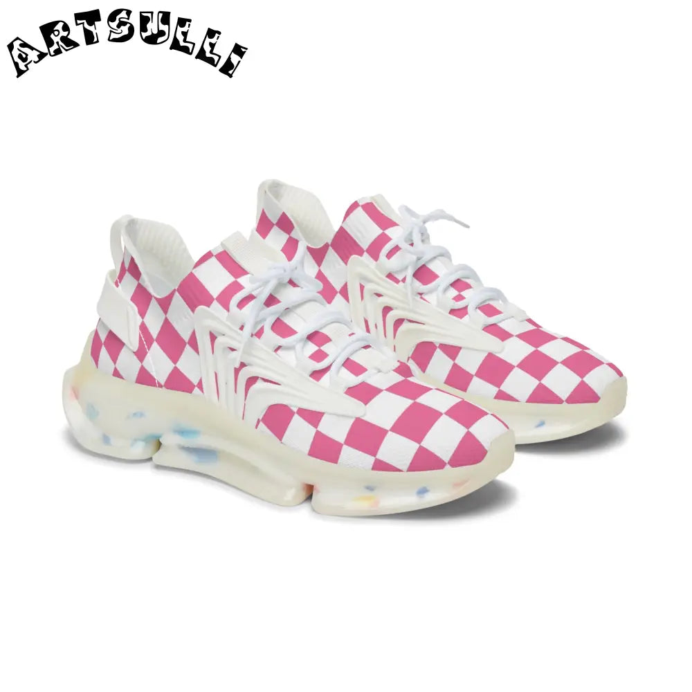 Yuyushiki Pink Check Women's Mesh Sneakers, Artsulli - Art is Long, Life is Short, Shoes, Color, White sole, Size, US 5.5, , , 30370620570081293684