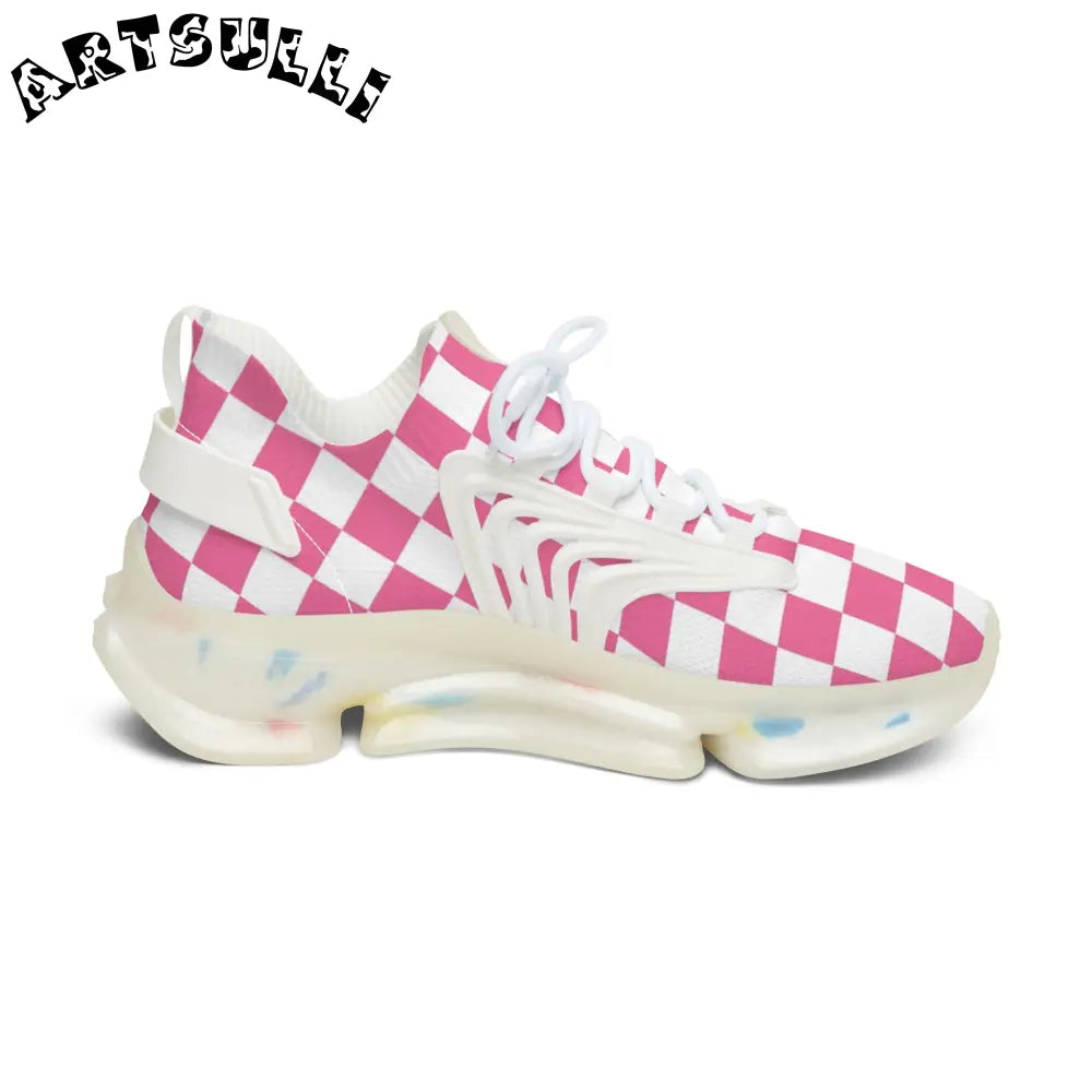 JAKKOUTTHEBXX Pink and White Checkered Mesh Sneakers with Translucent Soles 2025