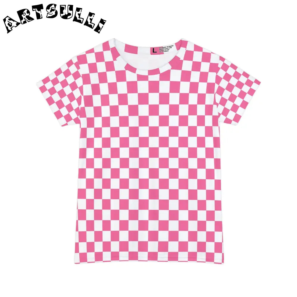 Yuyushiki Pink Check Women's Short Sleeve Shirt (AOP), Artsulli - Art is Long, Life is Short, All Over Prints, Size, XS, , , , , 57054926270385448394