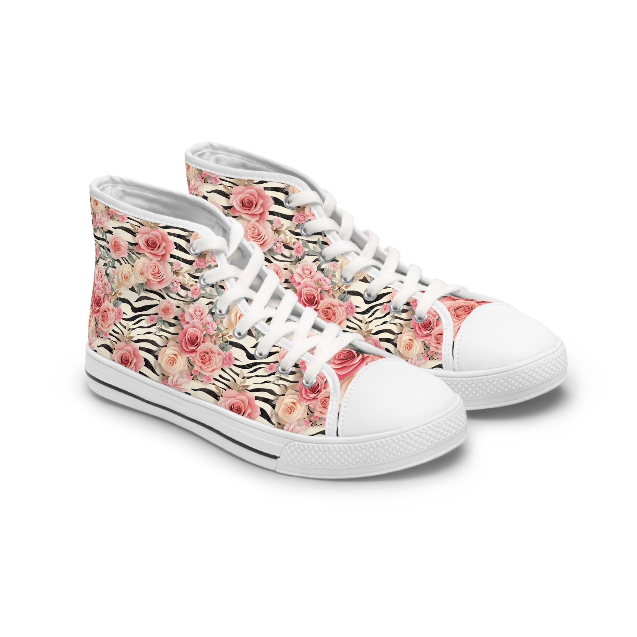 Zebra and Pink Rose High-Top Sneakers, Artsulli - Art is Long, Life is Short, Shoes, Size, US 5.5, Color, White sole, , , 32141584965225031704