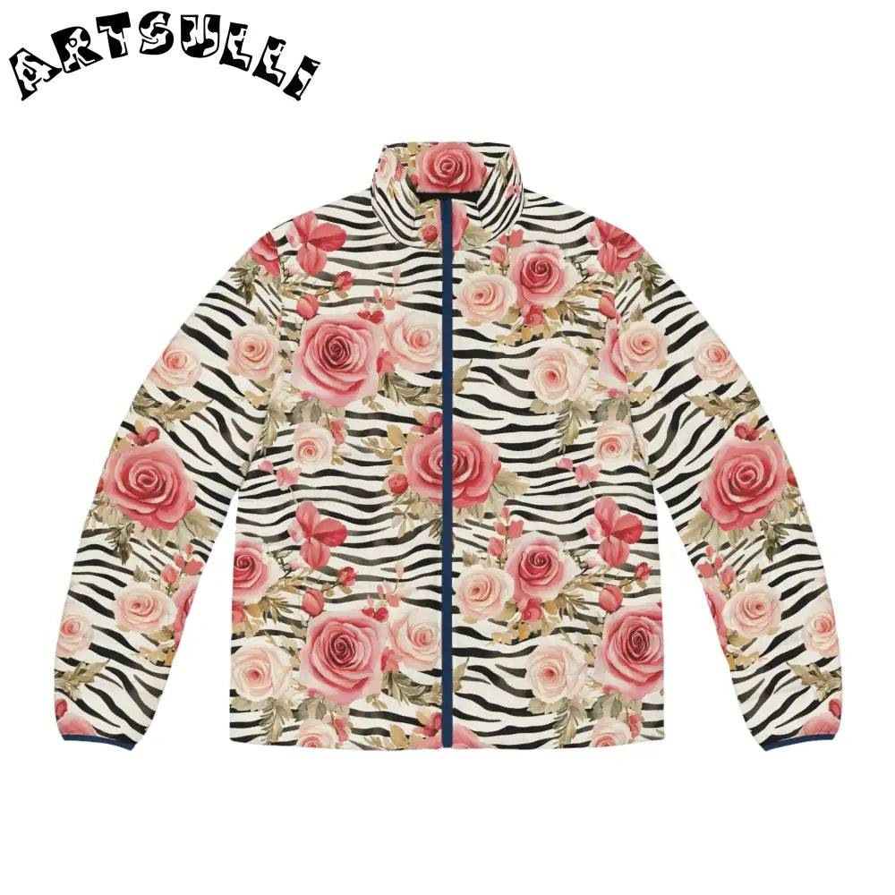 Zebra Floral Print Puffer Jacket, Artsulli - Art is Long, Life is Short, All Over Prints, Size, S, Color, Dark blue zipper, , , 19662039548781976054