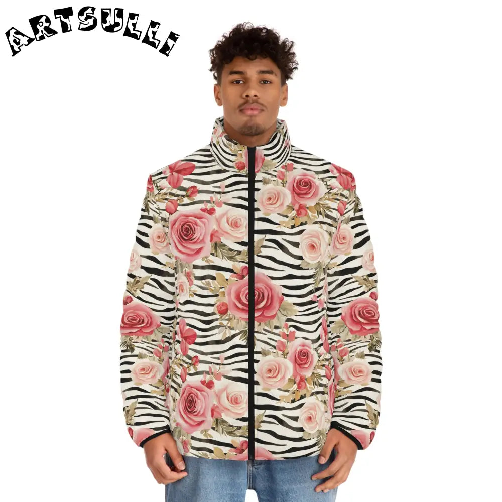 Zebra Floral Print Puffer Jacket, Artsulli - Art is Long, Life is Short, All Over Prints, , , , , , , 