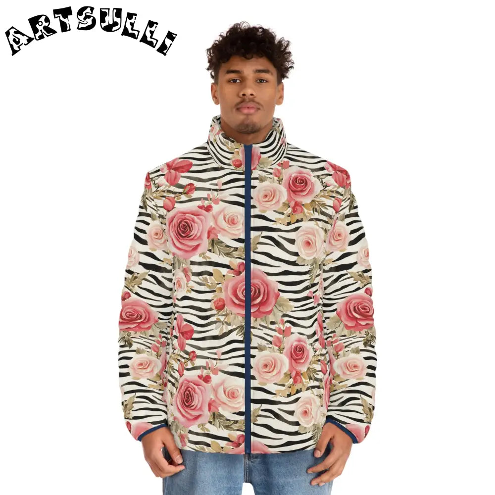 Zebra Floral Print Puffer Jacket, Artsulli - Art is Long, Life is Short, All Over Prints, , , , , , , 
