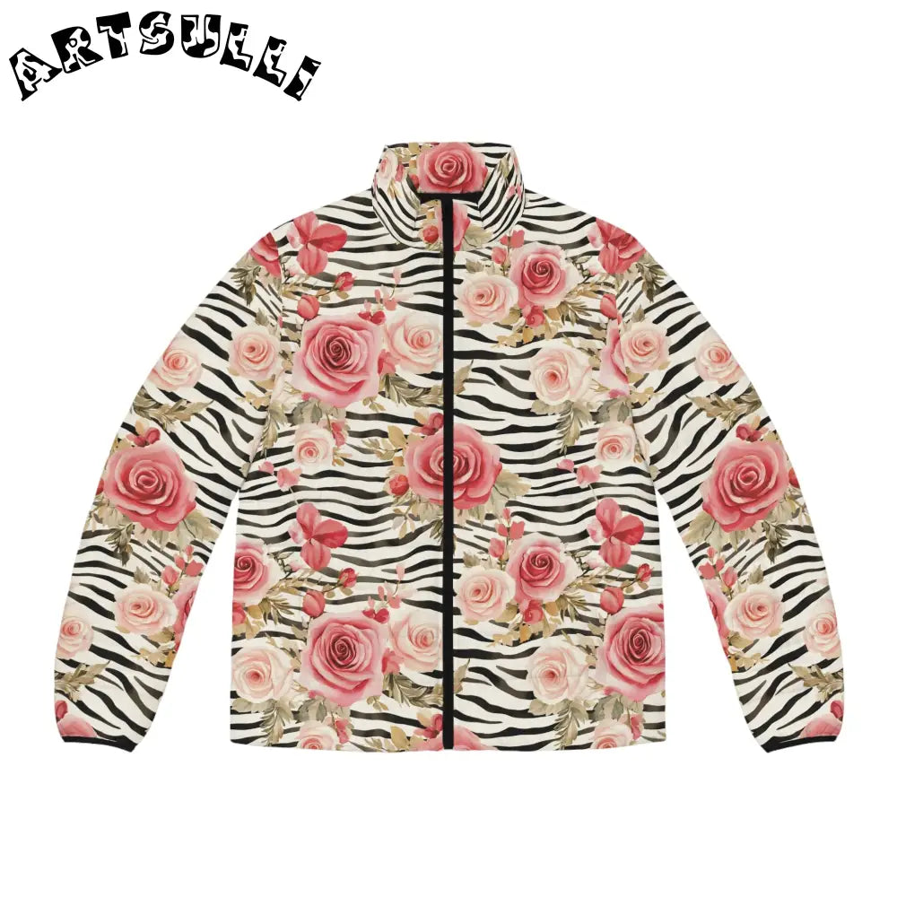Zebra Floral Print Puffer Jacket, Artsulli - Art is Long, Life is Short, All Over Prints, Size, S, Color, Black zipper, , , 30371766098831026527