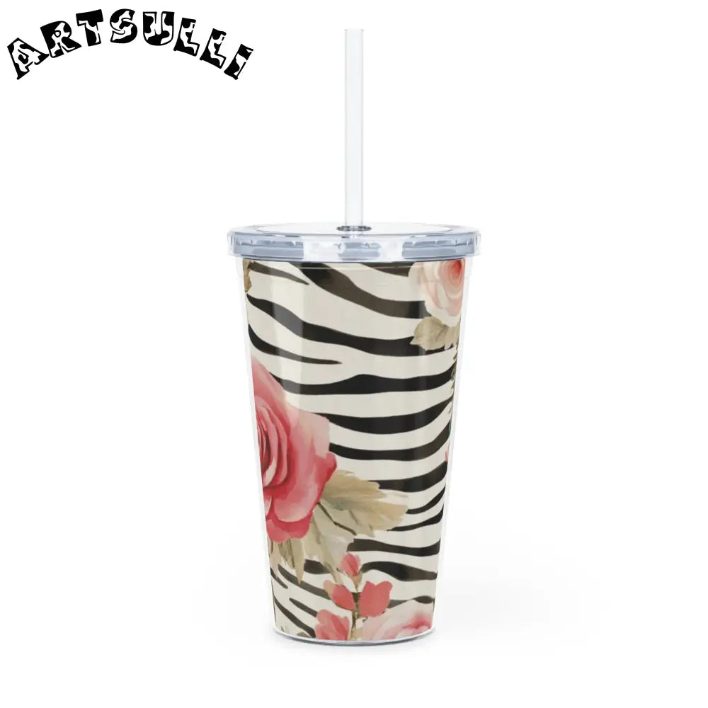 Zebra Print and Pink Rose Plastic Tumbler, Artsulli - Art is Long, Life is Short, Mug, , , , , , , 