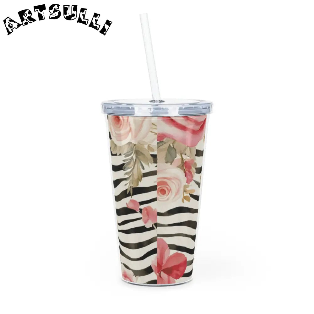 Zebra Print and Pink Rose Plastic Tumbler, Artsulli - Art is Long, Life is Short, Mug, , , , , , , 